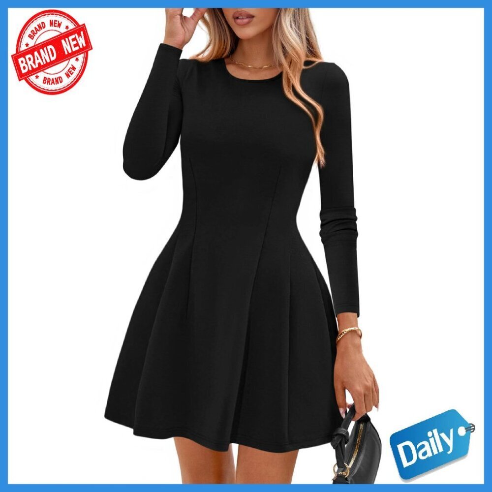 Long Sleeve Mini Knit Dress Babydoll A-Line Pleated Party Casual